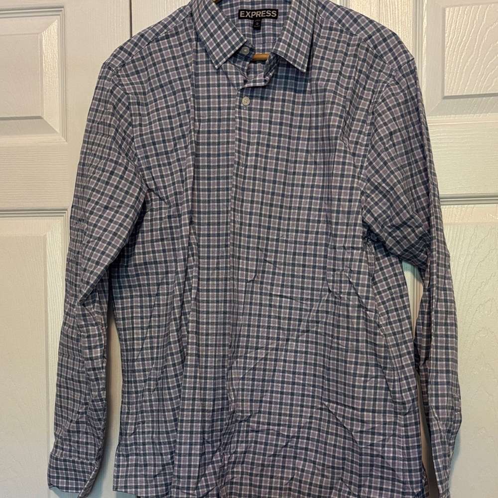 Express Men's Plaid Button-Up Shirt in Blue and White